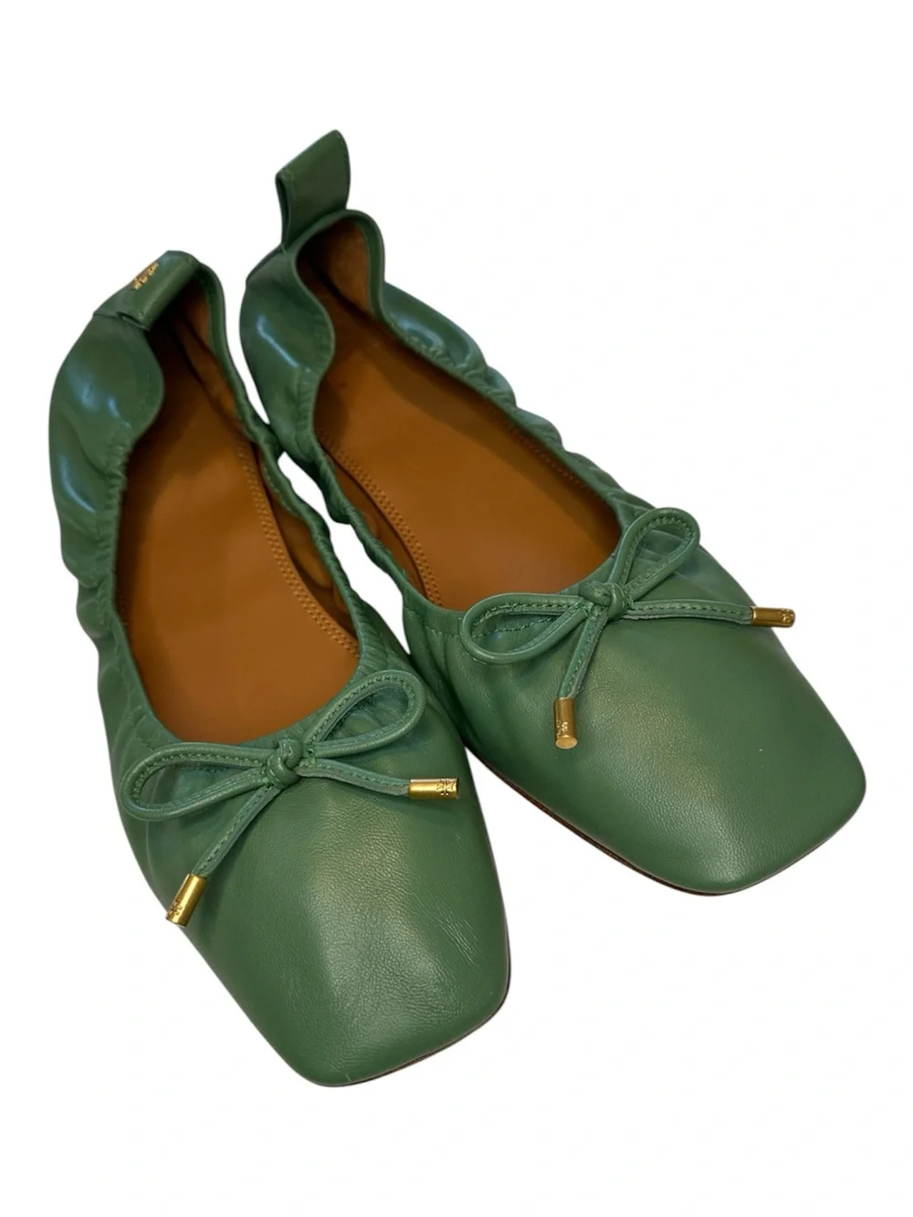 Tory Burch Ballet Flats Dress Shoes Leather Square Toe Bow Green Women’s Size 10